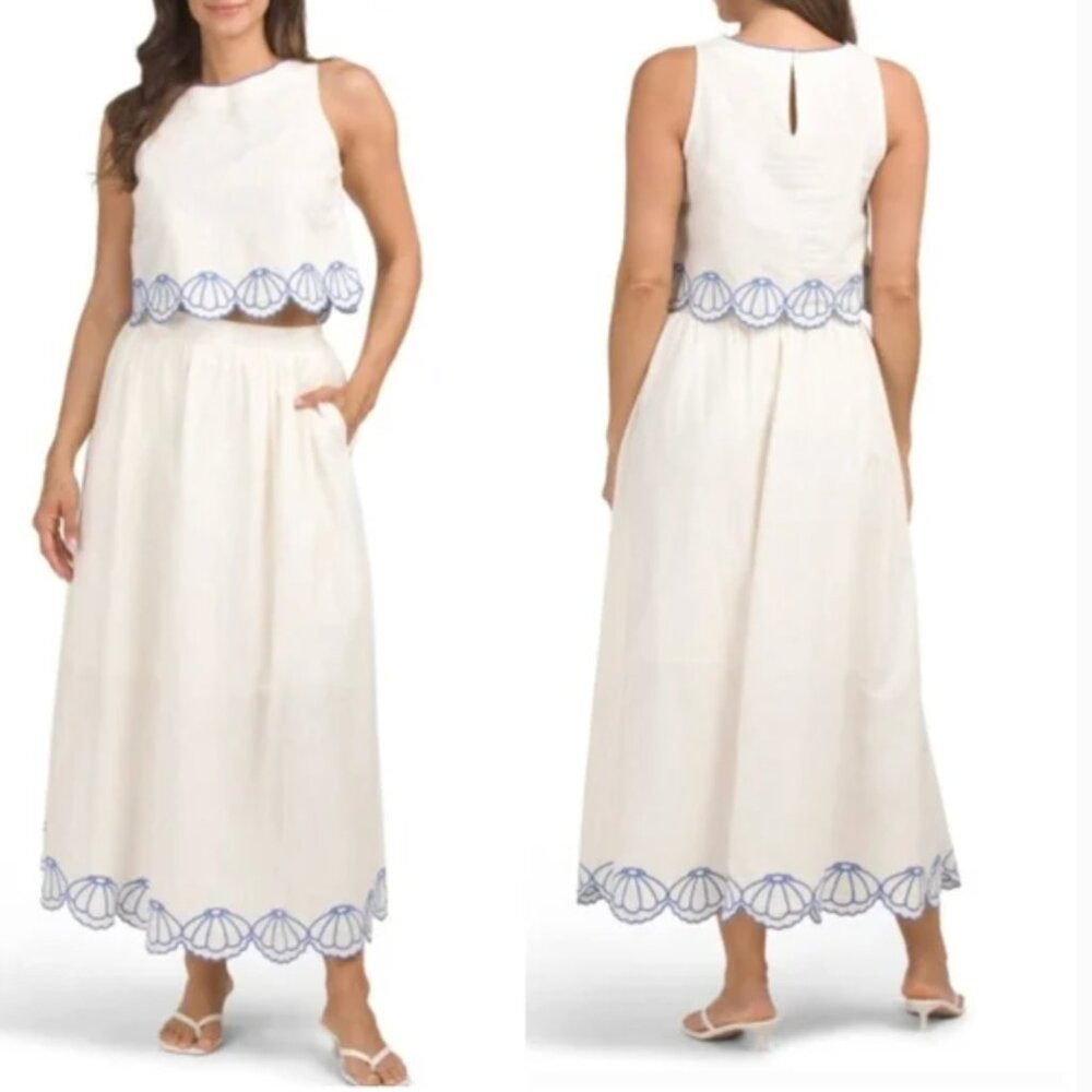 CALYPSO ST. BARTH White 2pc Linen Blend Embroidered Seashell Top Skirt Set XL